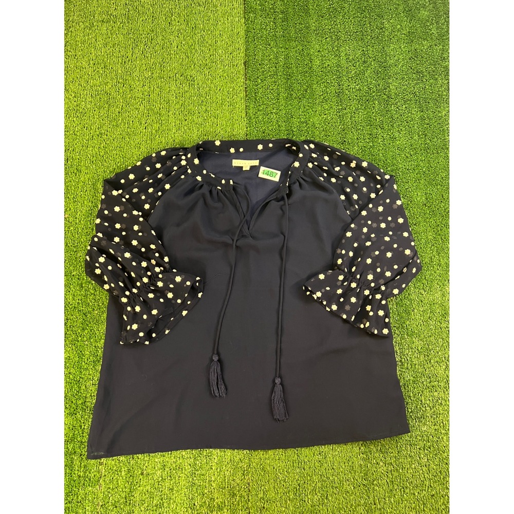 Blush Noir Navy Blue Embroidered Floral Polka Dot Tassel Boho Blouse Medium